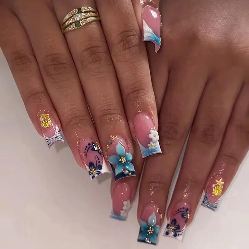 24 pièces Simple blanc français faux ongles Art mignon fleur conception