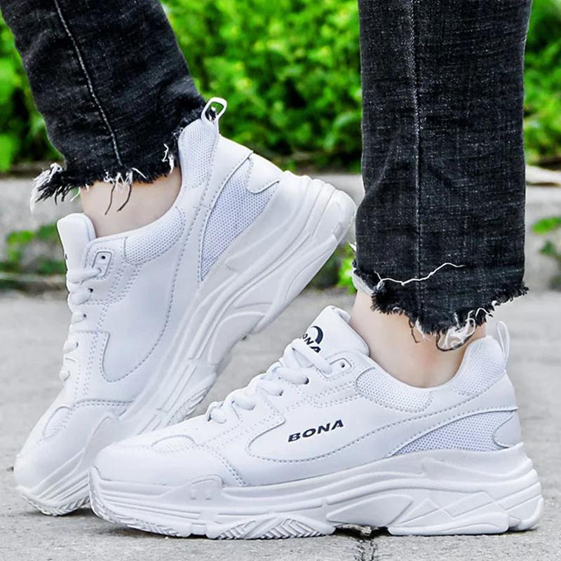 Baskets blanches plates BONA pour femmes - Chaussures décontractées plateforme vulcanisées