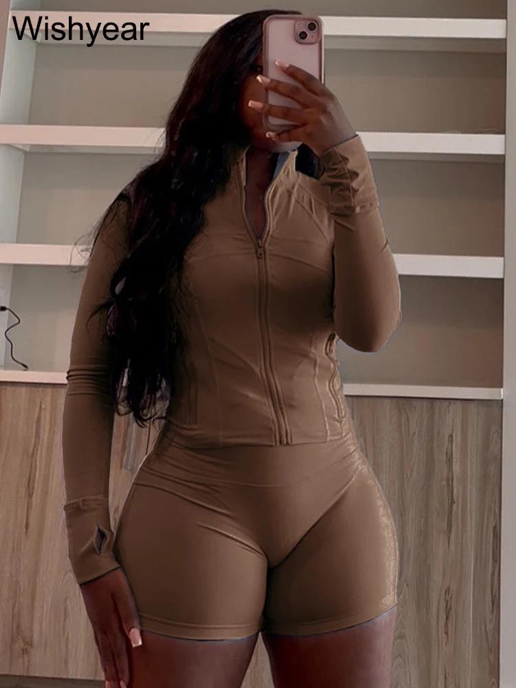 Ensemble de survêtement vert pour femme, veste zippée à manches longues, haut et short, tenue de jogging de fitness décontractée, 2 pièces, printemps et automne, ventes