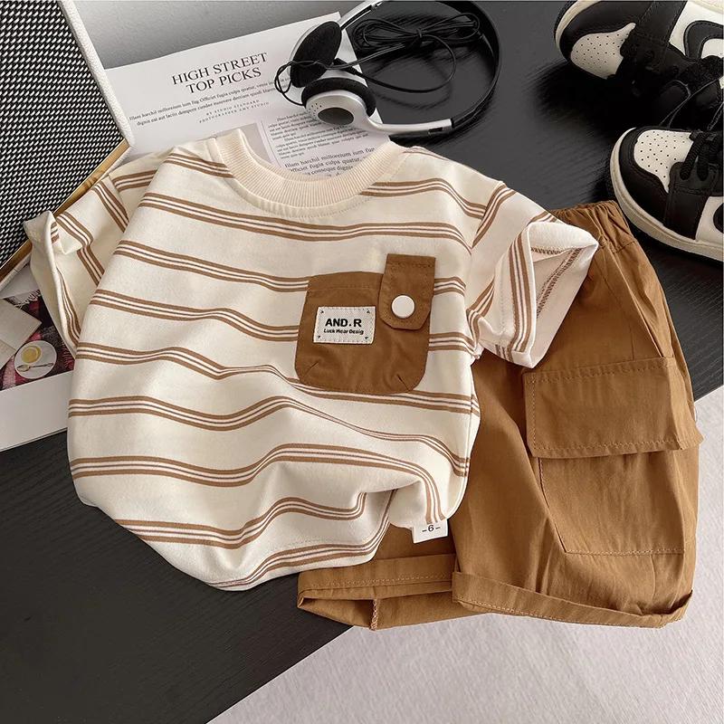 Vêtements d'été pour enfants, costumes pour bébés garçons, t-shirt rayé avec poche, shorts, 2 pièces/ensemble, costume décontracté pour tout-petits, survêtements pour enfants