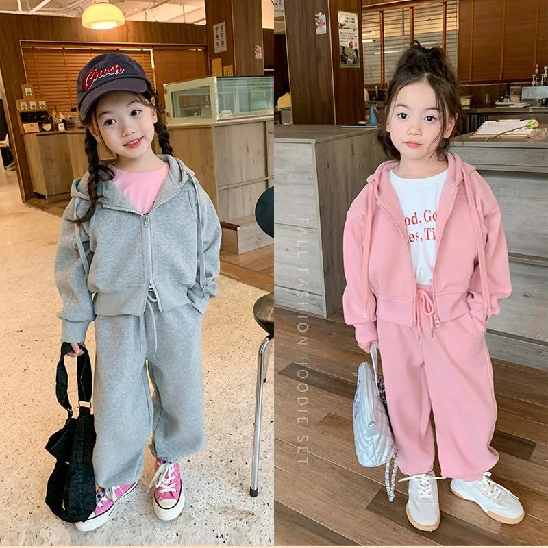Ensemble de survêtement pour enfants garçon et fille, vêtements pour bébé, sweat-shirt uni d'automne avec lettres imprimées, sweat à capuche zippé et pantalon de sport ample