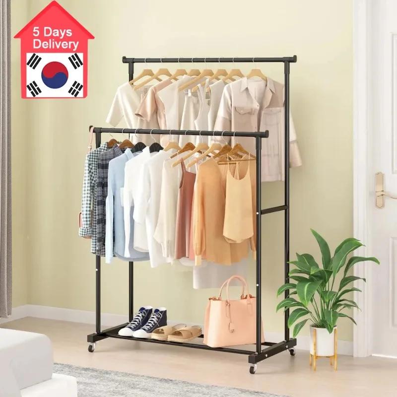 Porte-vêtements à Double tige, avec crochets, organisateur de vêtements suspendu pour chambre à coucher, cintre mobile avec roulettes