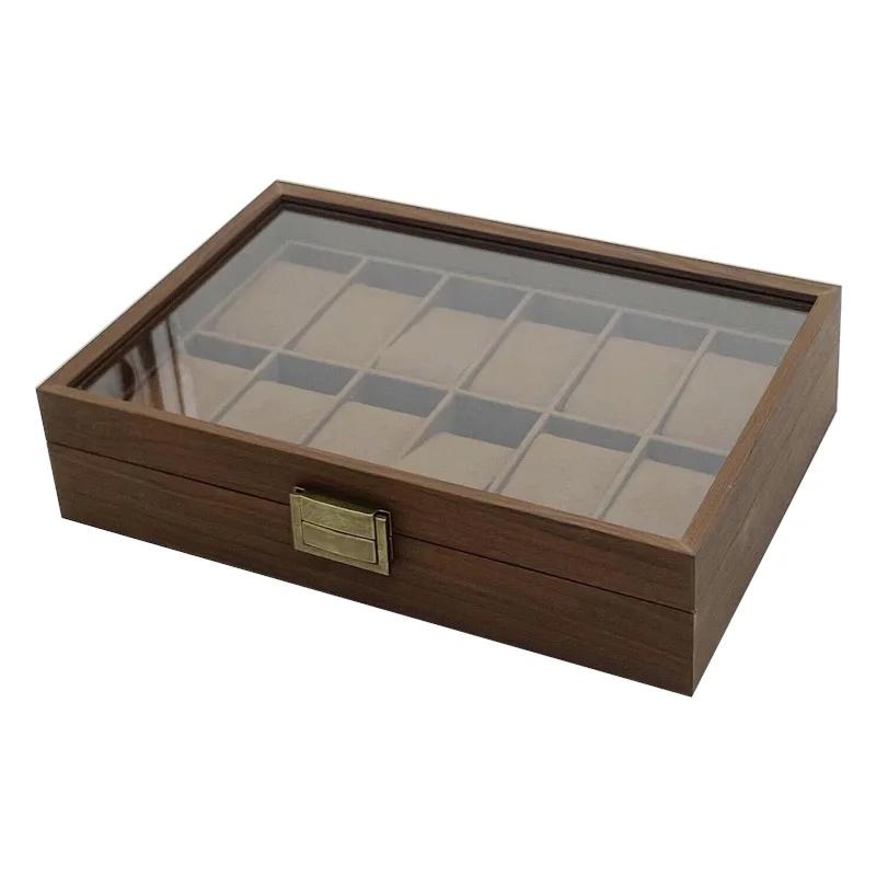 Boîte à montres en bois à 12 emplacements avec couvercle en verre