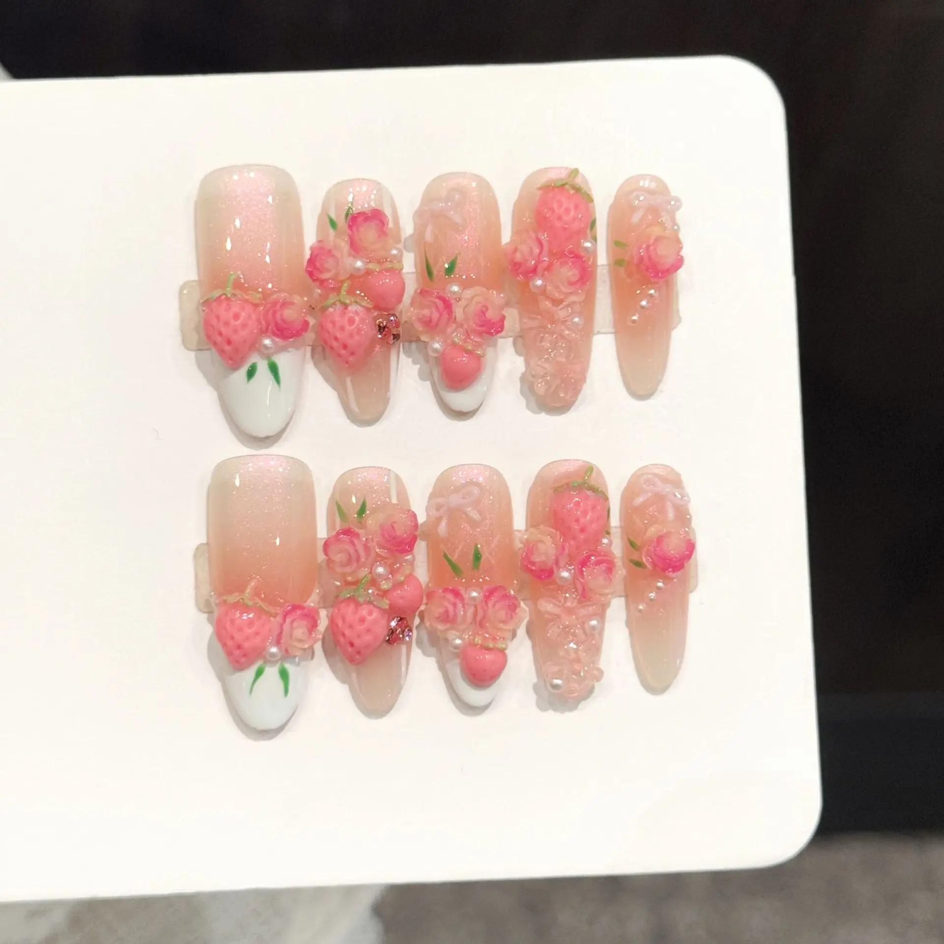 10 pièces rose oeil de chat faux ongles 3D papillon