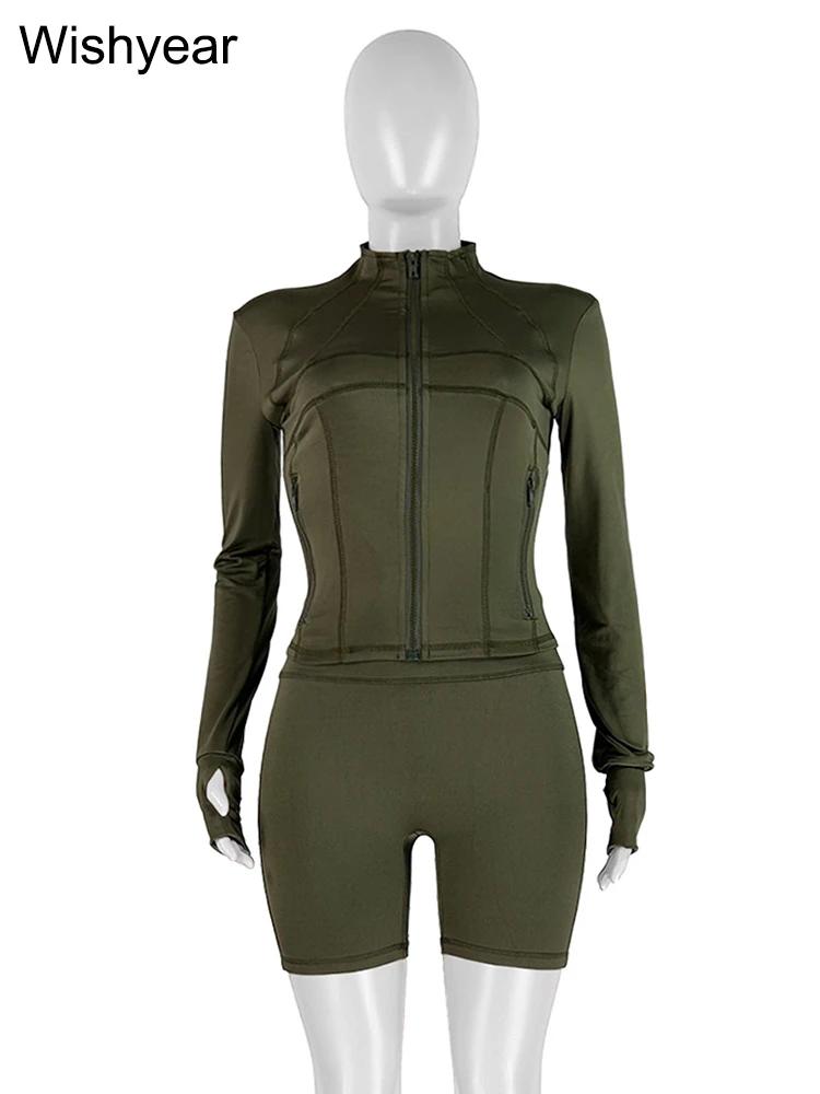 Ensemble de survêtement vert pour femme, veste zippée à manches longues, haut et short, tenue de jogging de fitness décontractée, 2 pièces, printemps et automne, ventes