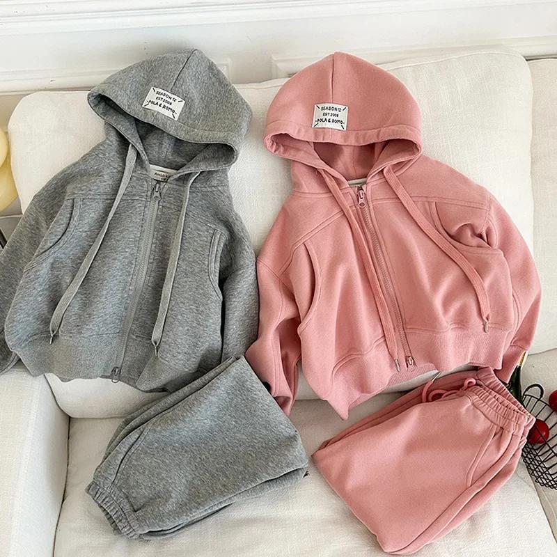 Ensemble de survêtement pour enfants garçon et fille, vêtements pour bébé, sweat-shirt uni d'automne avec lettres imprimées, sweat à capuche zippé et pantalon de sport ample