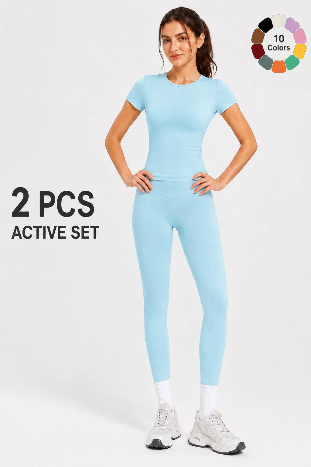 Ensemble de vêtements de sport pour femmes (haut à manches courtes + pantalon long)