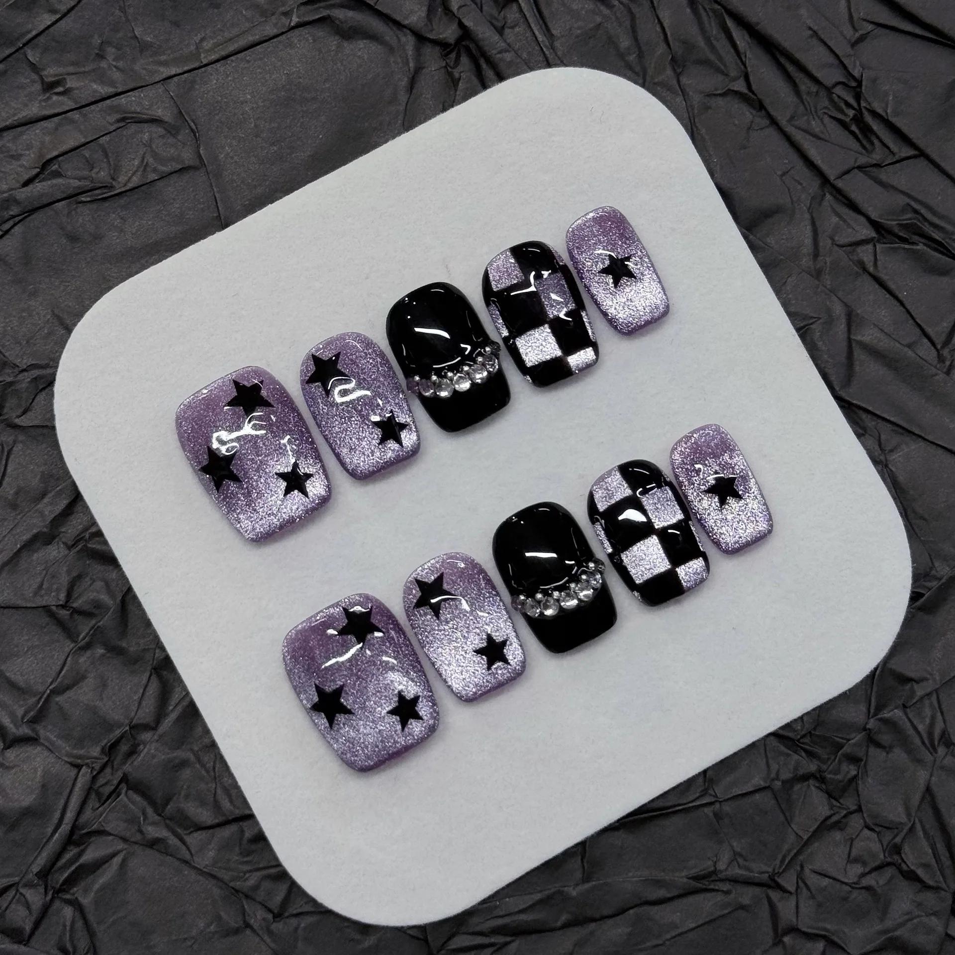 10 pièces noir mignon chat à la main presse sur ongles cristal oeil