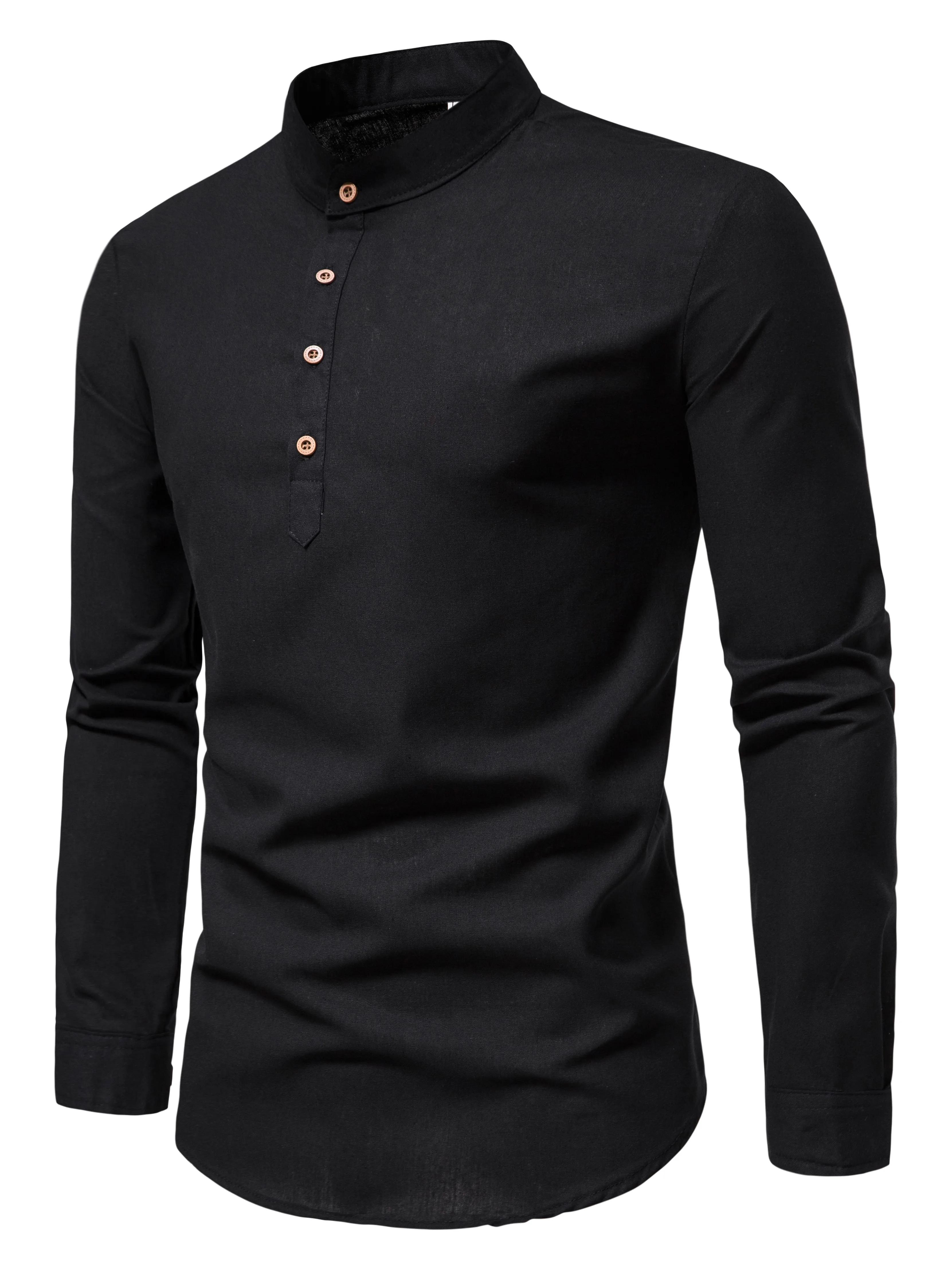 Chemises de couleur unie en pur coton pour hommes, chemises élégantes à manches longues et col monta