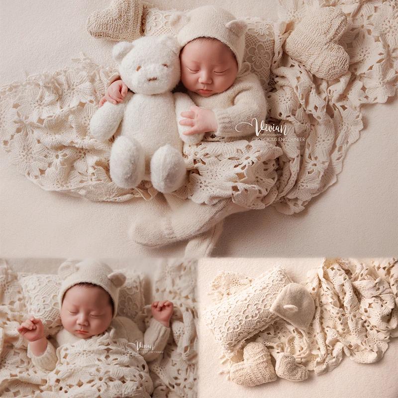 KD-Tenue de photographie pour nouveau-né, ensemble ours blanc INS, chapeau, combinaison à manches lo