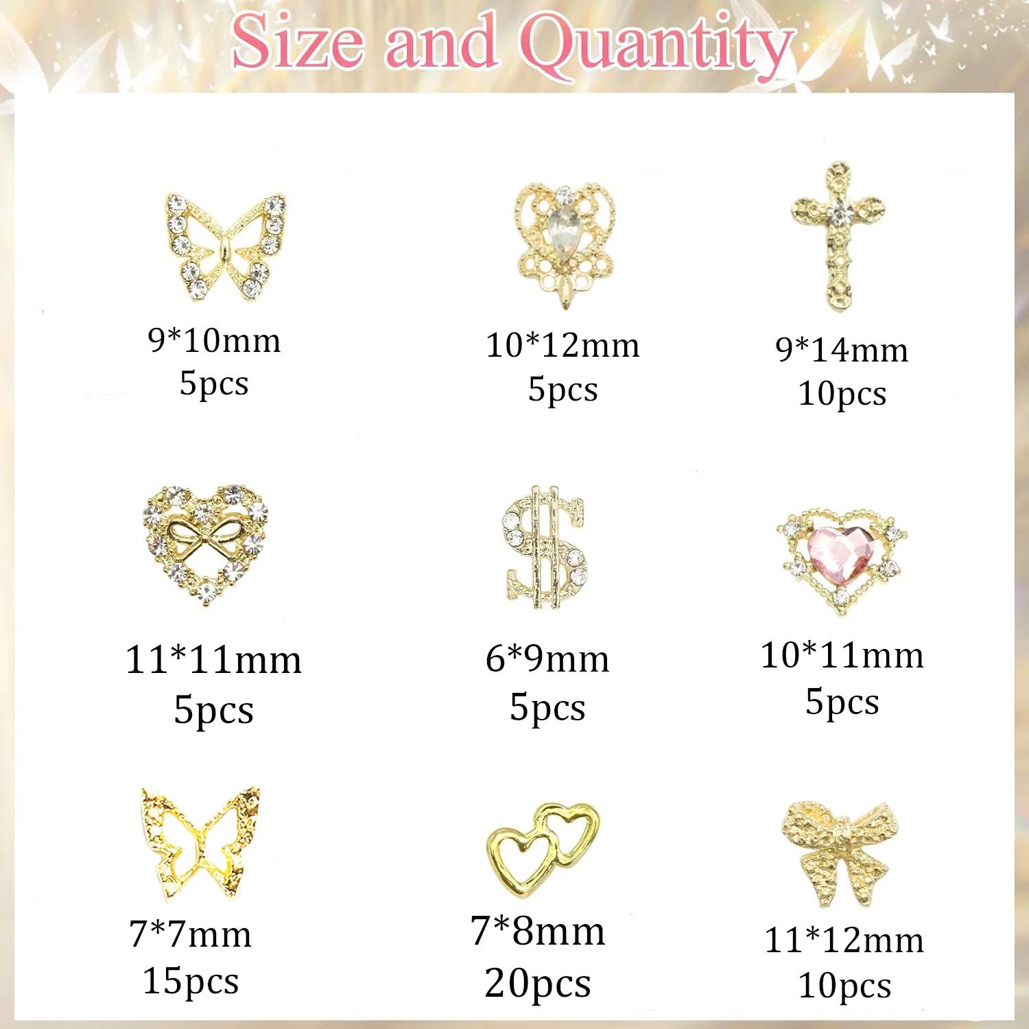 Breloques pour ongles en or, 12 formes, cœur doré, papillon 3D, croix en alliage d'or, signe d'argen