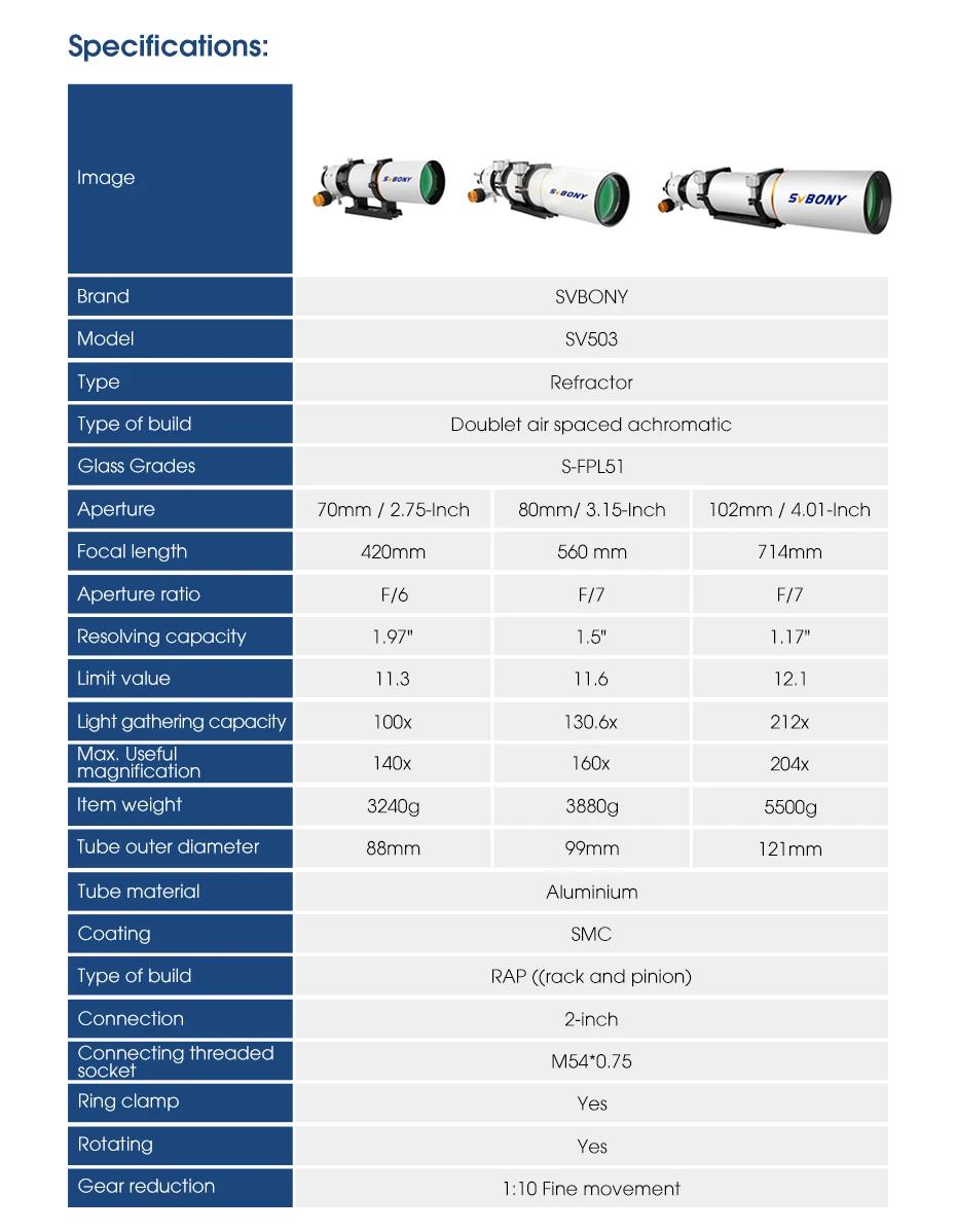 Svbony SV503 télescope Astro 70/80/102ED réfracteur achromatique à Dispersion Extra basse OTA pour l