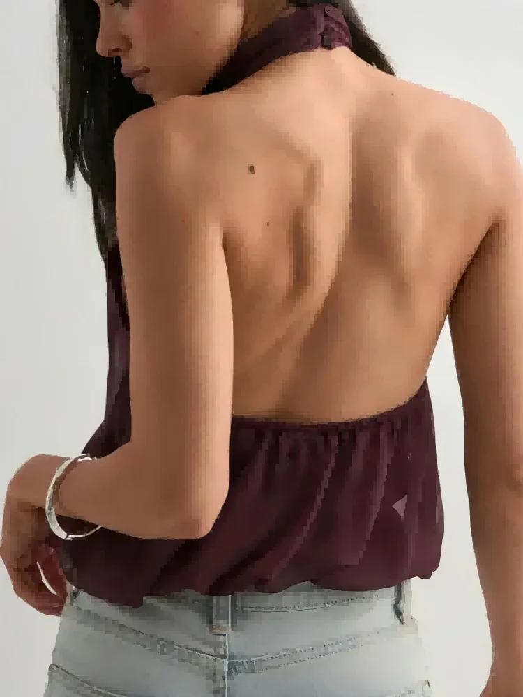 Haut élégant pour femmes, col licou, dos nu, couleur unie, haut sexy à épaules dénudées, haut pour s