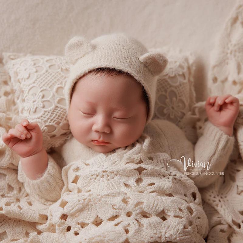 KD-Tenue de photographie pour nouveau-né, ensemble ours blanc INS, chapeau, combinaison à manches lo