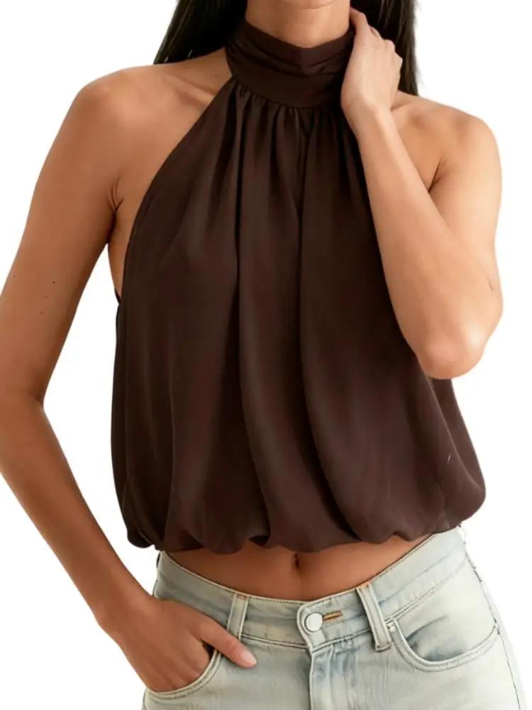 Haut élégant pour femmes, col licou, dos nu, couleur unie, haut sexy à épaules dénudées, haut pour s