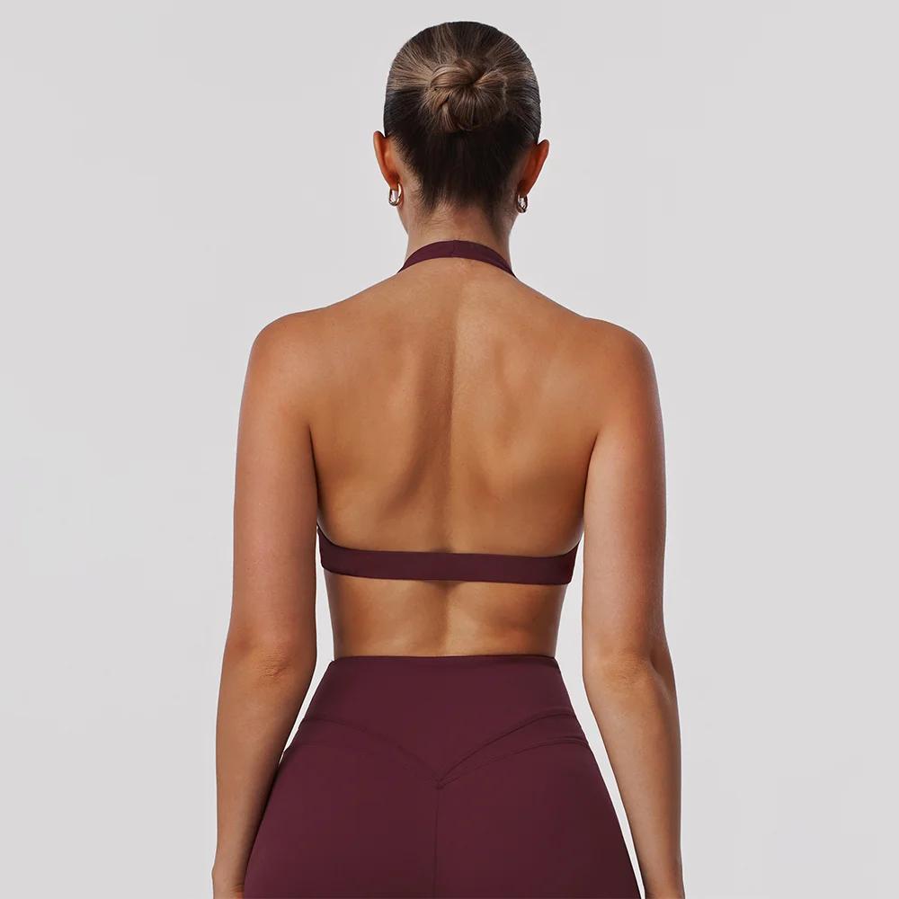 Soutien-gorge de sport pour femme, dos nu, style halter torsadé, col en V, rembourré, couleur unie,
