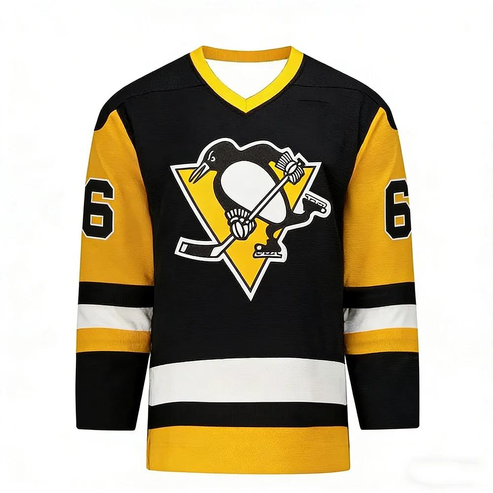 Maillot de hockey 2026 jaune/blanc/noir avec accents et logo pingouin, respirant, imprimés 3D HD pou