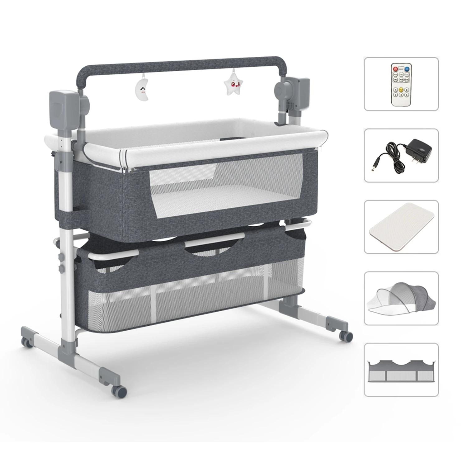 Moussinet pour bébé, moulinet à bascule automatique avec télécommande, roulettes, lit de chevet pour