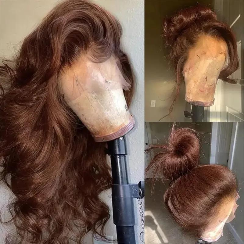 Perruque frontale HD sans colle de 34 pouces, en cheveux humains vierges brésiliens, couleur brun ch