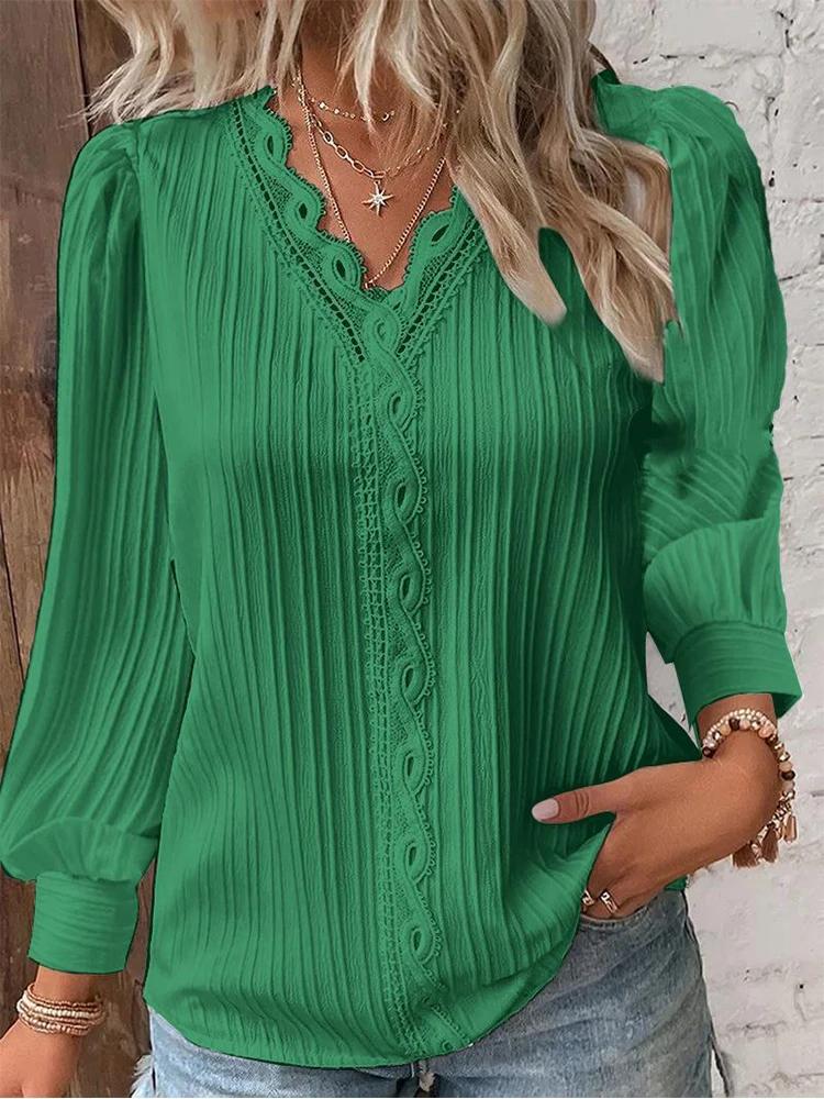 Chemise ample en dentelle pour femmes, col en v, manches longues, pull en mousseline de soie, haut d