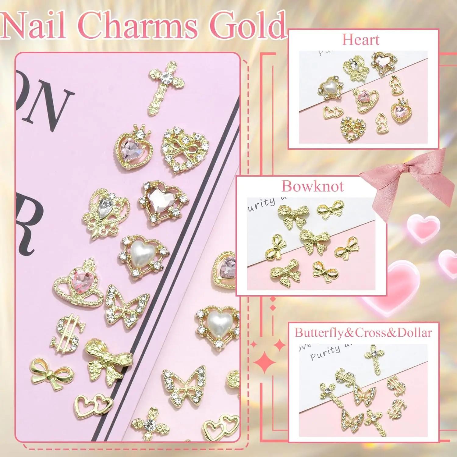 Breloques pour ongles en or, 12 formes, cœur doré, papillon 3D, croix en alliage d'or, signe d'argen