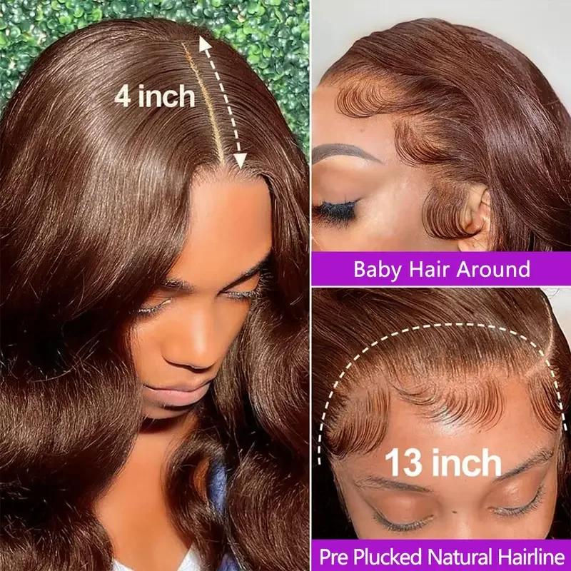 Perruque frontale HD sans colle de 34 pouces, en cheveux humains vierges brésiliens, couleur brun ch