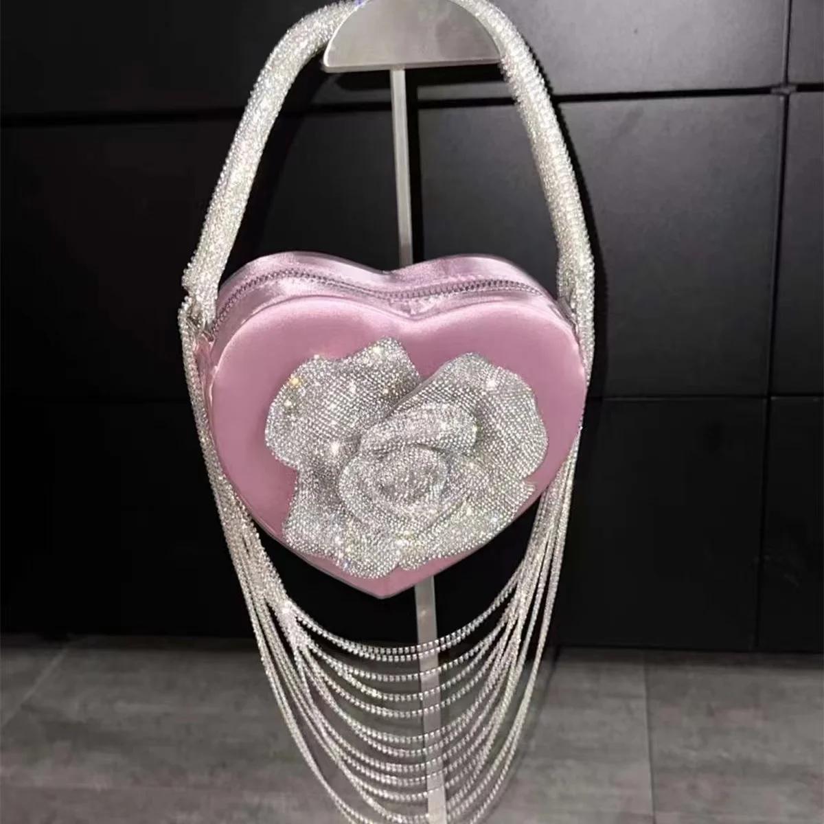 Sac à Main de Luxe à Paillettes Florales, Strass, Diamant, Pompon, en Forme de Cœur, Pochette de ixd