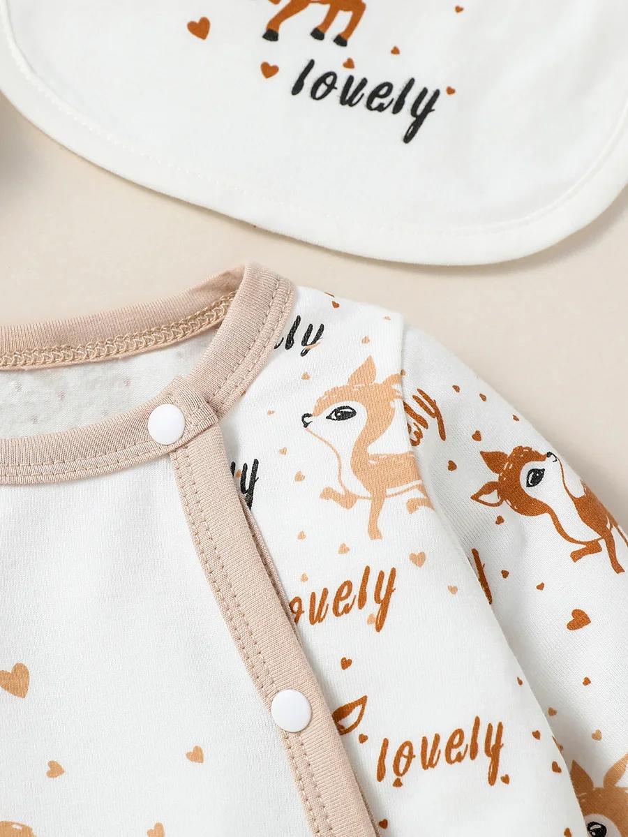 4 pièces bébé unisexe à manches longues col rond imprimé Animal avec bouton combinaison décontractée