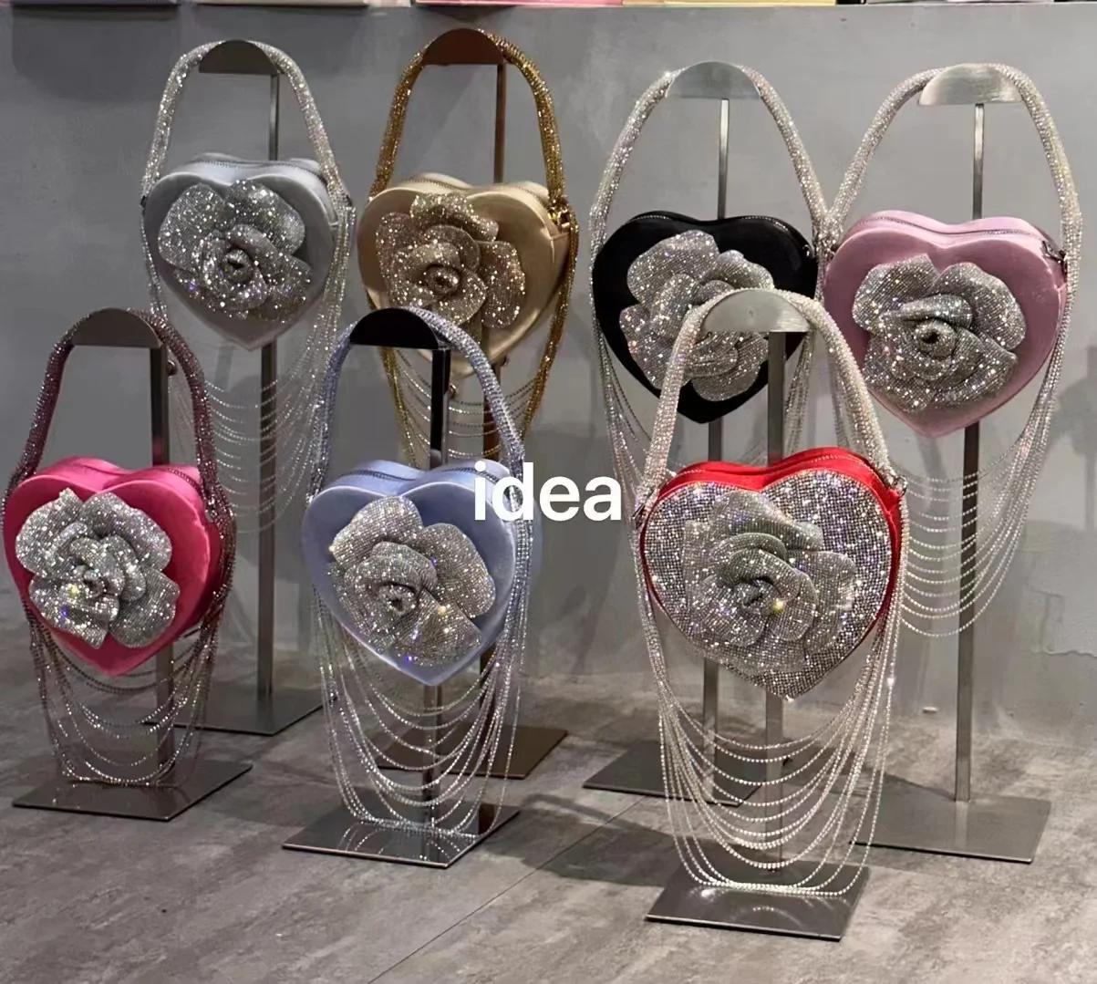 Sac à Main de Luxe à Paillettes Florales, Strass, Diamant, Pompon, en Forme de Cœur, Pochette de ixd
