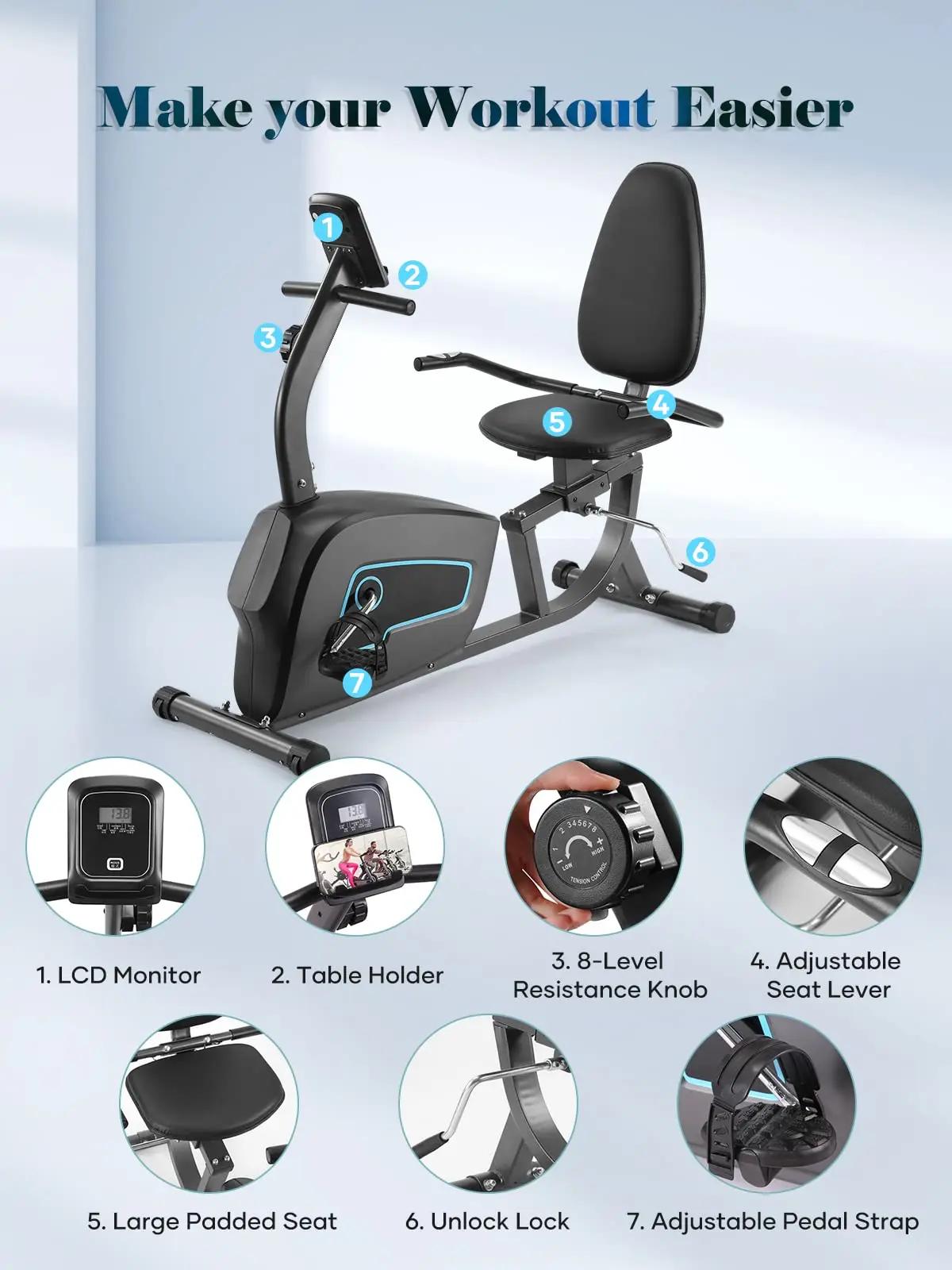 Vélo d'exercice couché pour la maison, vélo stationnaire, robuste, silencieux, 8 recyclables, grand