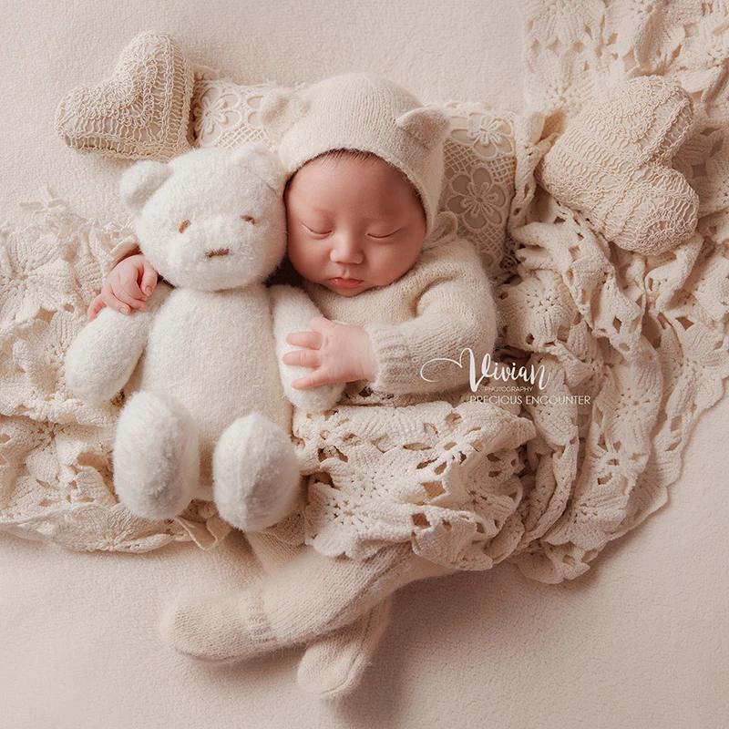 KD-Tenue de photographie pour nouveau-né, ensemble ours blanc INS, chapeau, combinaison à manches lo