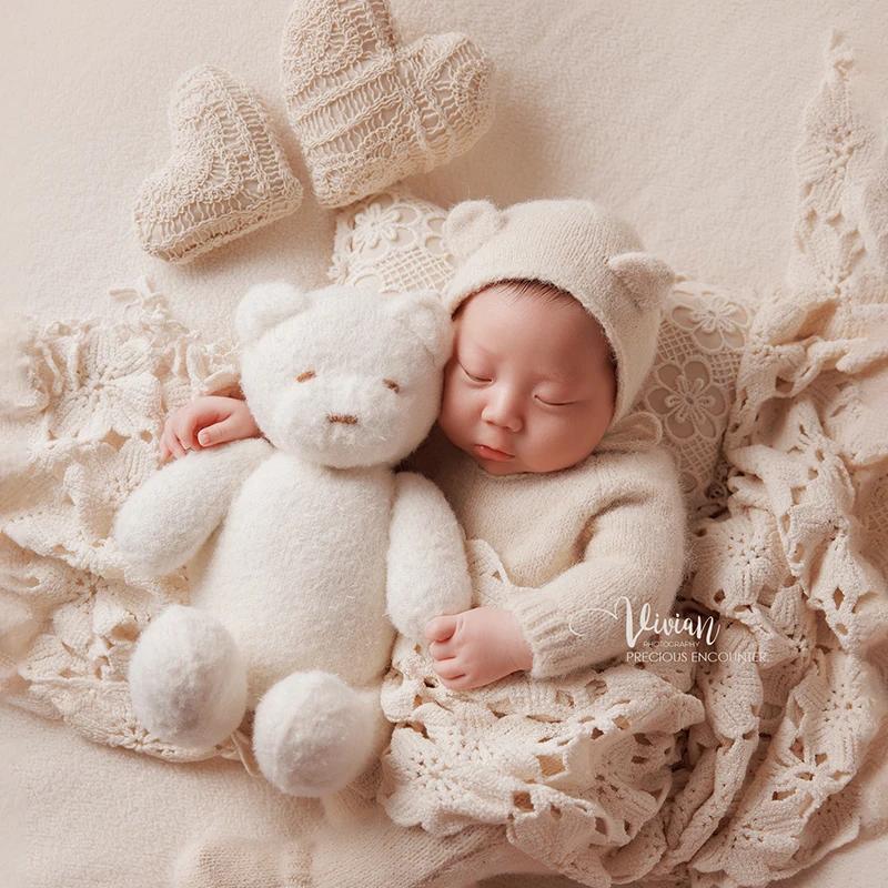 KD-Tenue de photographie pour nouveau-né, ensemble ours blanc INS, chapeau, combinaison à manches lo