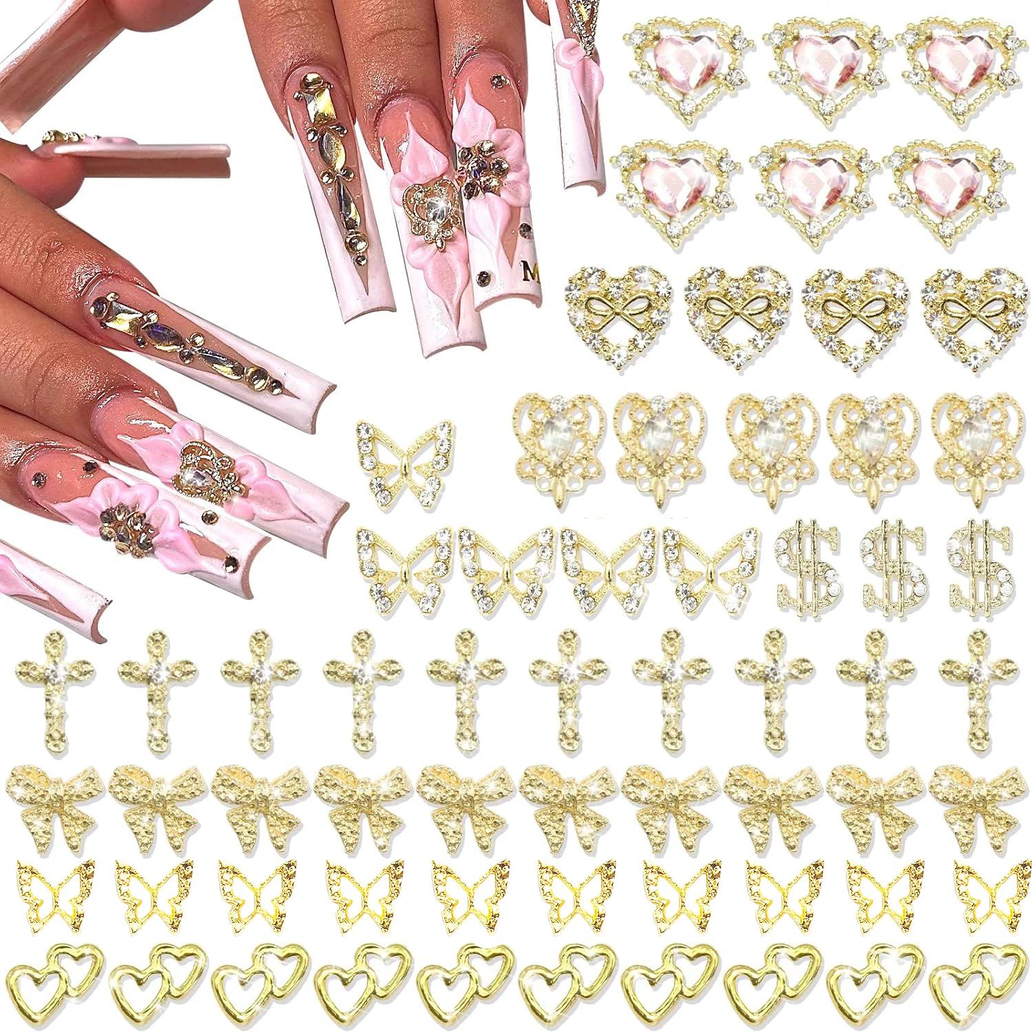 Breloques pour ongles en or, 12 formes, cœur doré, papillon 3D, croix en alliage d'or, signe d'argen