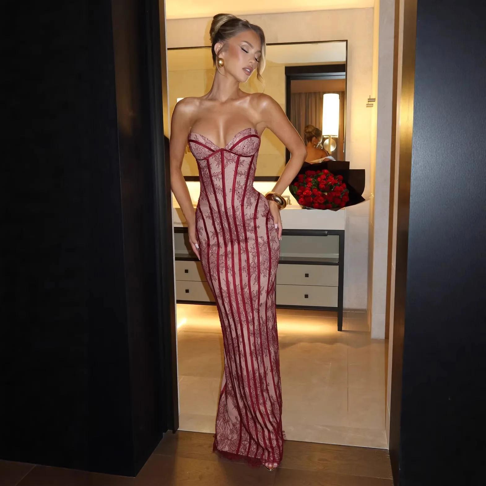 Robe longue élégante sans bretelles en dentelle pour femme, robe de soirée sexy avec corset, robe ma