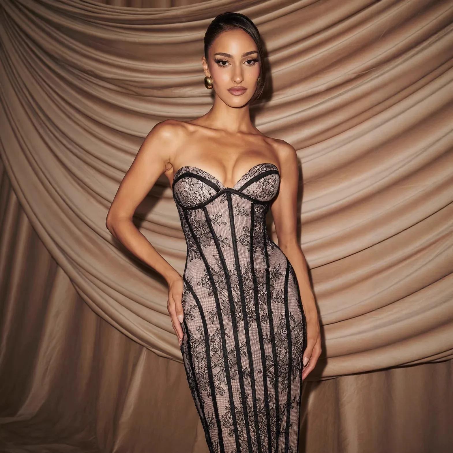 Robe longue élégante sans bretelles en dentelle pour femme, robe de soirée sexy avec corset, robe ma