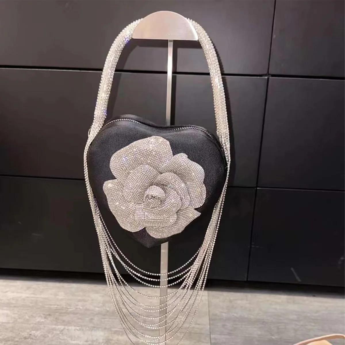Sac à Main de Luxe à Paillettes Florales, Strass, Diamant, Pompon, en Forme de Cœur, Pochette de ixd