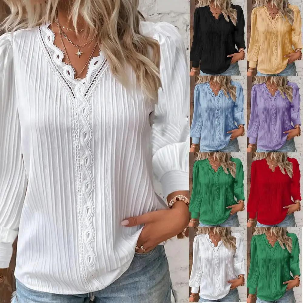Chemise ample en dentelle pour femmes, col en v, manches longues, pull en mousseline de soie, haut d