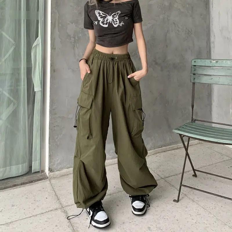 Pantalon Cargo Baggy décontracté pour femmes, couleur unie, taille basse, jogging, Tech, cordon de s