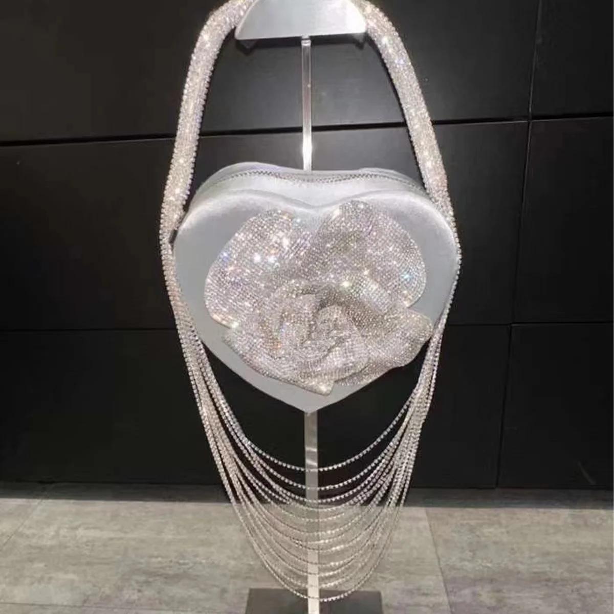 Sac à Main de Luxe à Paillettes Florales, Strass, Diamant, Pompon, en Forme de Cœur, Pochette de ixd