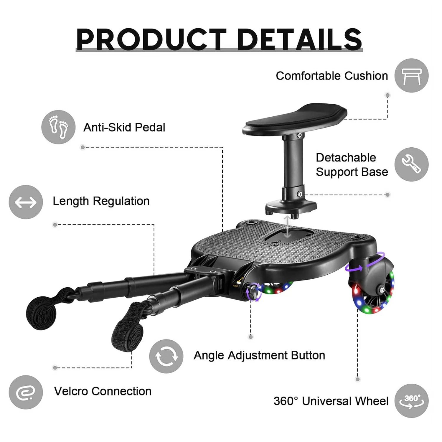 Adaptateur de pédale pour poussette avec siège et dossier amovibles 360° ° Roues rotatives, pédale