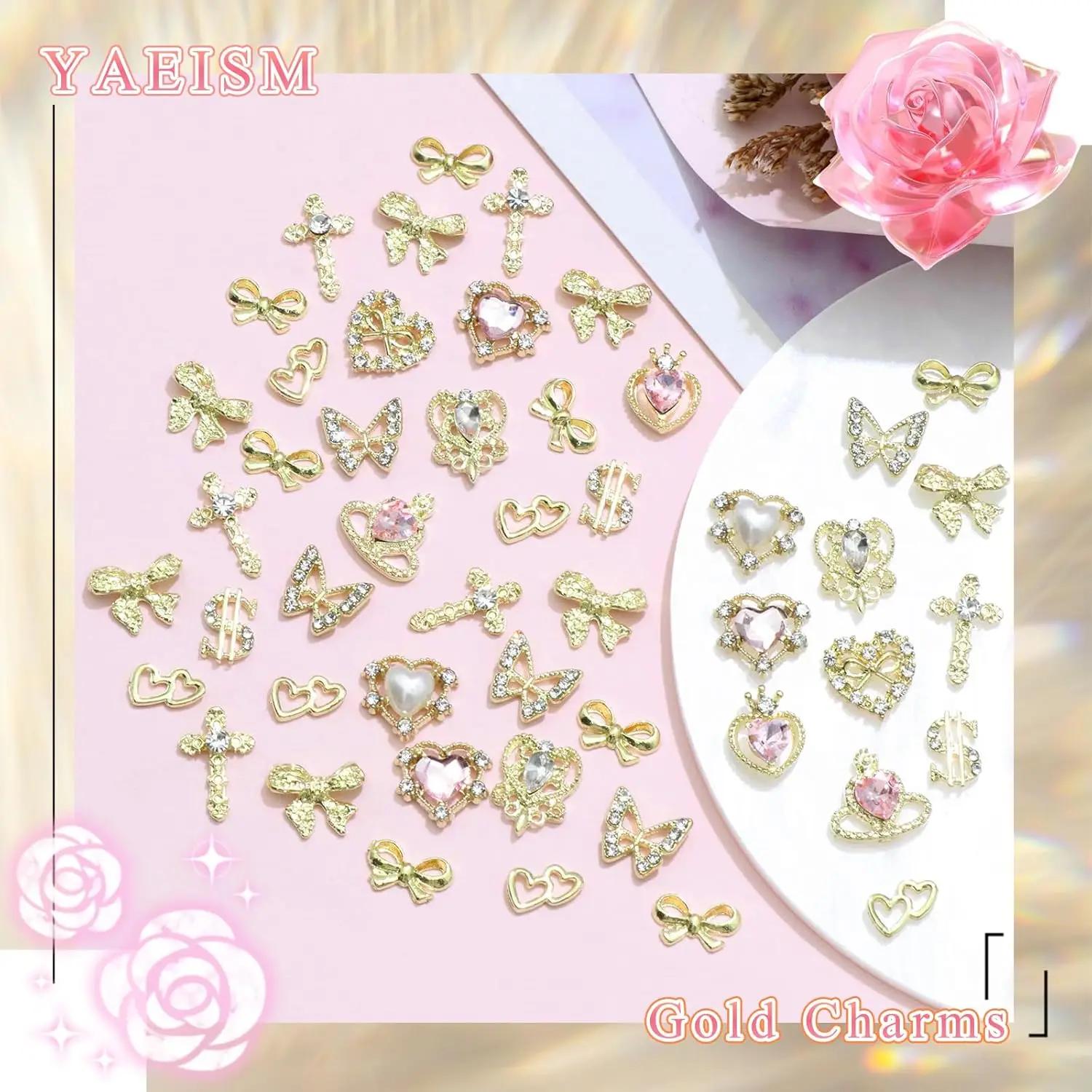 Breloques pour ongles en or, 12 formes, cœur doré, papillon 3D, croix en alliage d'or, signe d'argen