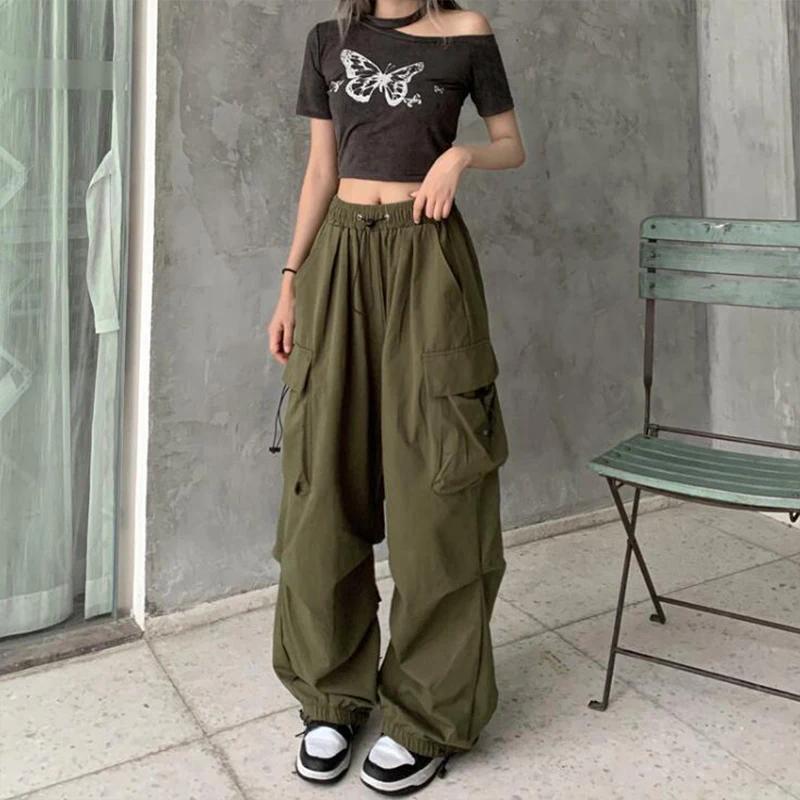 Pantalon Cargo Baggy décontracté pour femmes, couleur unie, taille basse, jogging, Tech, cordon de s