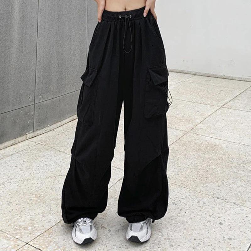 Pantalon Cargo Baggy décontracté pour femmes, couleur unie, taille basse, jogging, Tech, cordon de s