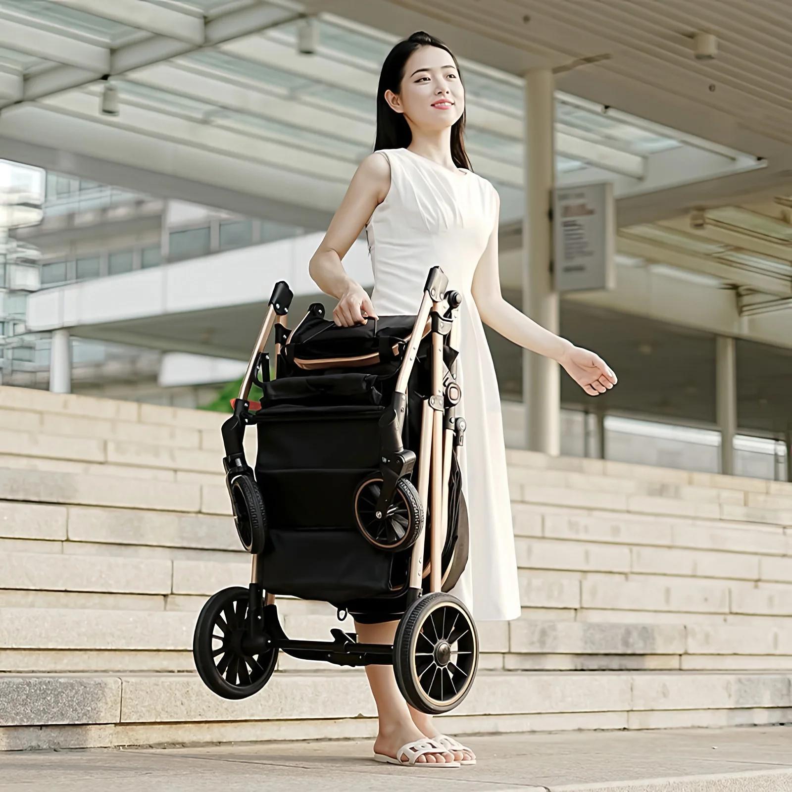 OWJHE Poussette de luxe 3 en 1 pour bébé, neuve, portable, voyage, pliable, cadre en aluminium, pous