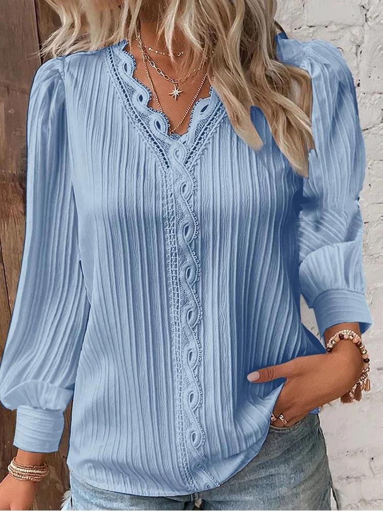 Chemise ample en dentelle pour femmes, col en v, manches longues, pull en mousseline de soie, haut d