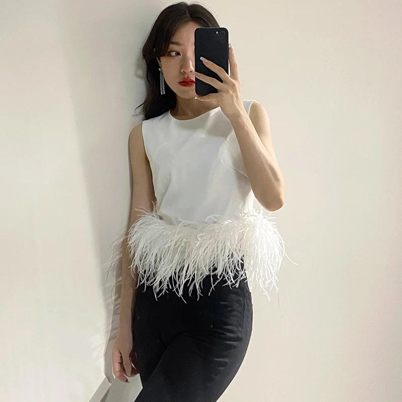 TWOTWINSTYLE noir Patchwork plumes mode coréenne petit haut femmes col rond sans manches mince hauts