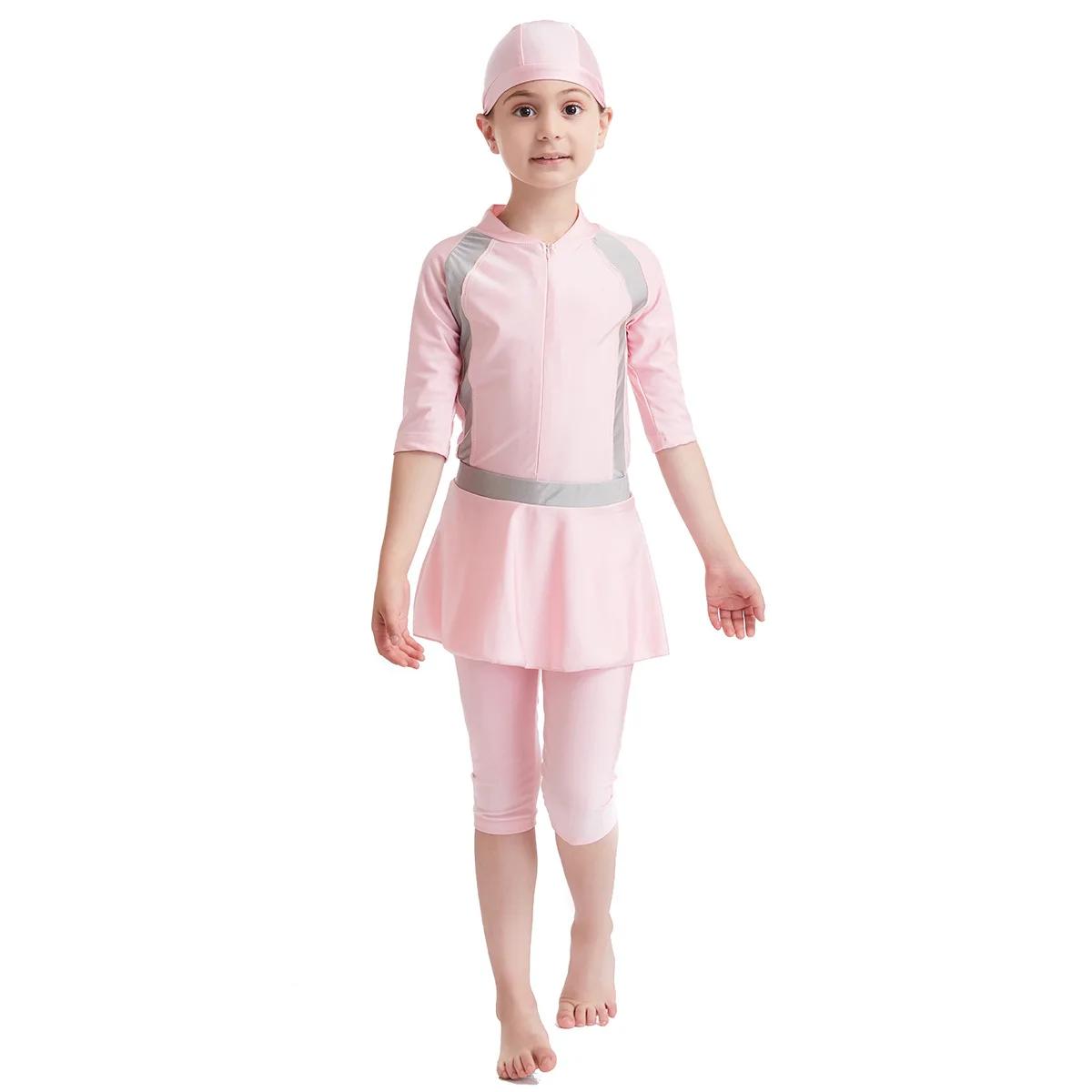 Maillot de bain musulman pour filles, ensemble jupe et bonnet, 3 pièces, modeste, tenue de plage ara