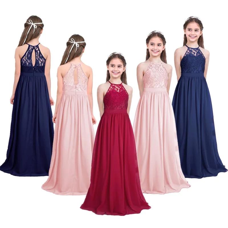 Robe de demoiselle d'honneur en mousseline de soie pour filles, licou en dentelle, princesse, mariag