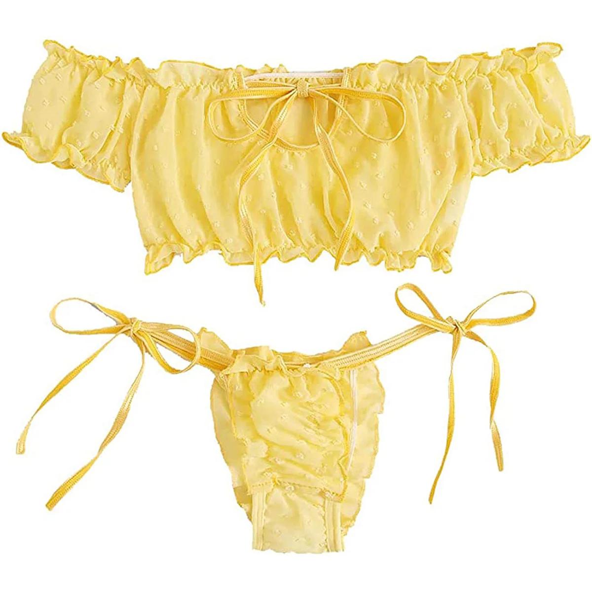 2 pièces épaules dénudées à lacets ensemble Bikini femmes doux décontracté à manches courtes maillot