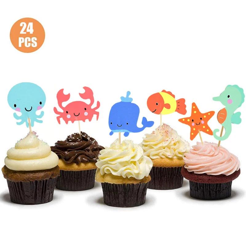 Décorations de Cupcake sous la mer, 24 pièces, drapeaux de fête sous la mer, thème sirène, fête prén